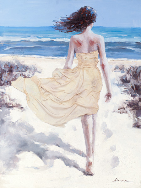 PXYW630 Wall décor art oil on canvas seascape lady on beach blue white tones